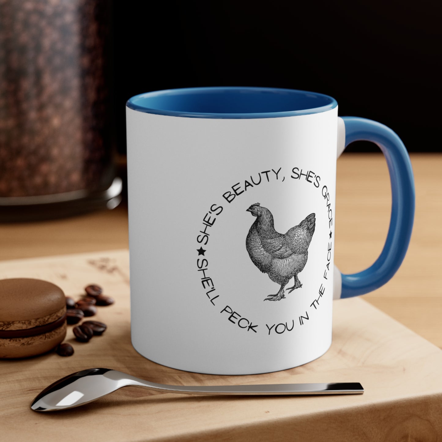 Peck You in the Face  11oz Mug funny Chicken Gift chicken mug farmer gift blue counter 